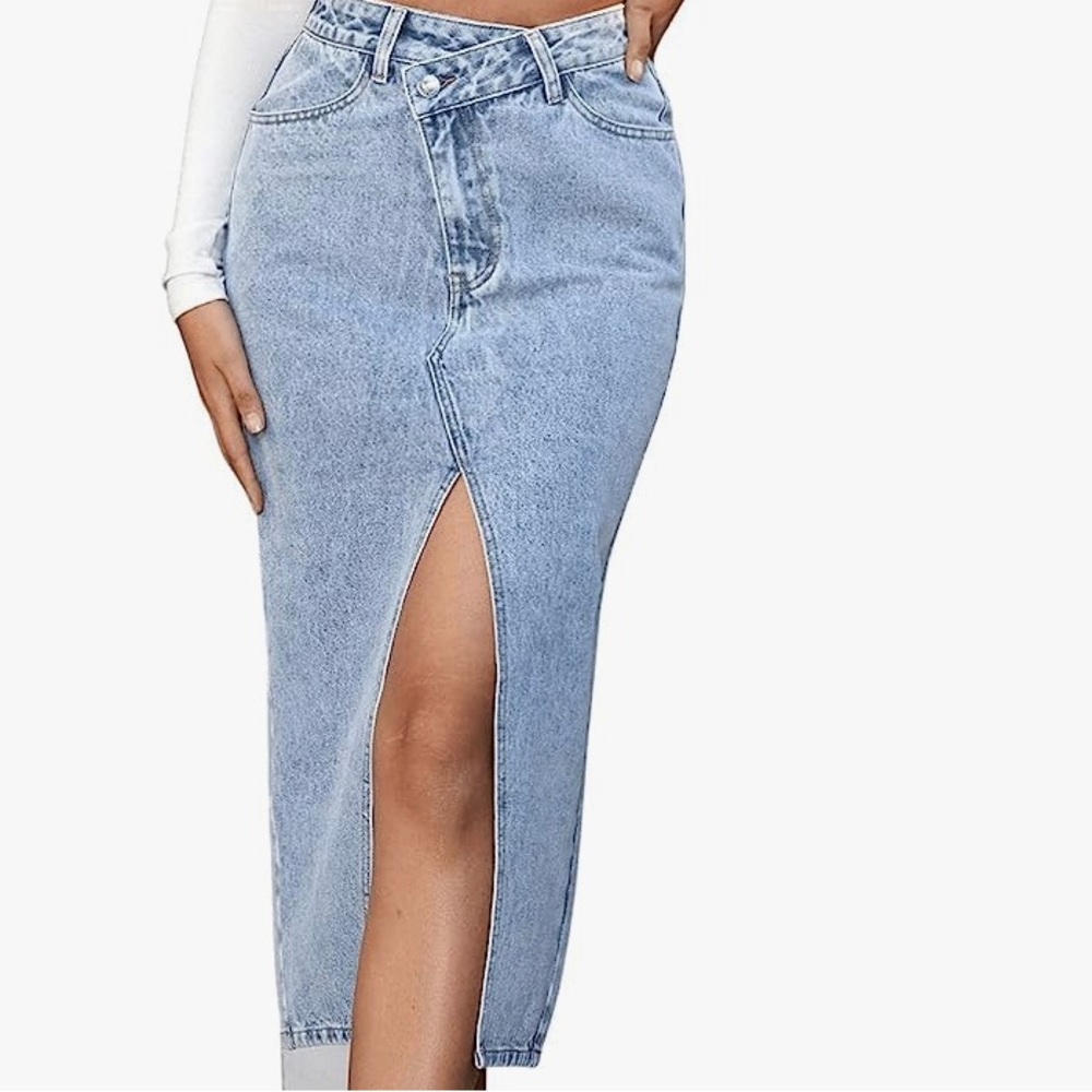 Asymmetrical High Waist Split Thigh Midi Denim Skirt with Pocket